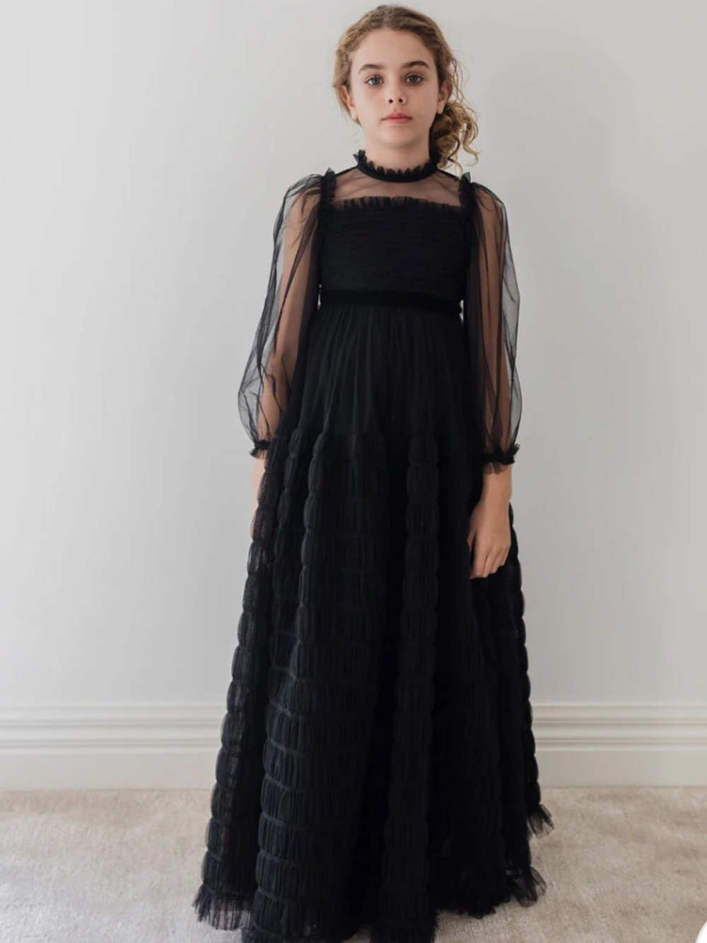 PETITE AMALIE SMOCKED TULLE DRESS-BLACK